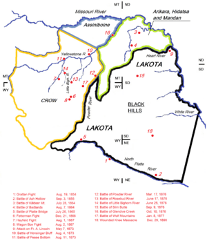 The Lakota Wars (1854-1890). The battlefields and the Lakota treaty territory of 1851 (circa.)