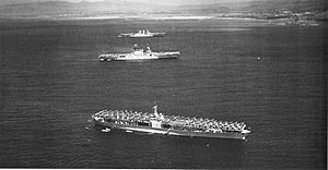 USS Ranger (CV-4), USS Lexington (CV-2) and USS Saratoga (CV-3) at anchor off Honolulu on 8 April 1938 (80-G-410056)