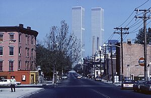 View of the World Trade Center towers from Grove St. and Grand St., Jersey City, 1978 (08762v)
