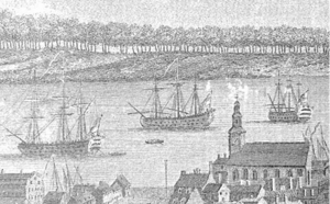 "Part of the Town and Harbour of Halifax in Nova Scotia looking down Prince Street to the Opposite Shore shews the Eastern Battery, George & Cornwallis Islands, Thrum Cap, &c. to the Sea off Chebucto Head", 1759