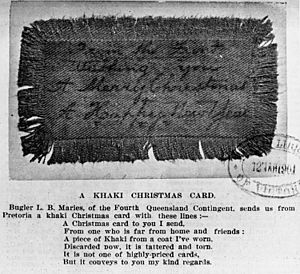 A khaki Christmas Card sent from Petoria from Bugler L. B. Maries of the Fourth Queensland Contingent during the South African War. (8231563966)