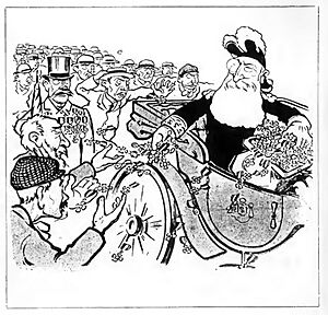 Cartoon depicting king Leopold 2 of the Belgians who is throwing medals to crowd
