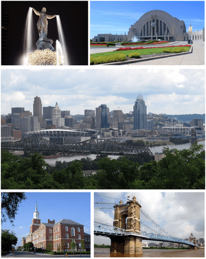 från övre vänstra till nedre högra: Fountain Square, Cincinnati Children ' s Museum vid Union Terminal, stadssilhuett från Devou Park, McMicken Hall vid University of Cincinnati och John A. Roebling Hängbro.