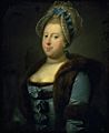 Left-looking portrait of a woman wearing a blue dress, trimmed with fur