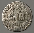 Lithuanian coin of Sigismund II Augustus with Lithuanian Vytis (Waykimas) and the Columns of Gediminas, minted in 1568