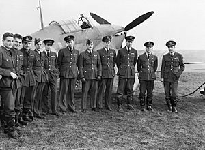 Pilots of No. 1 Squadron RCAF with one of their Hawker Hurricanes at Prestwick, Scotland, 30 October 1940. CH1733
