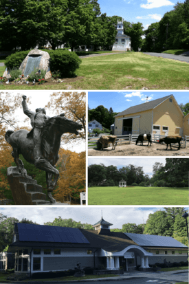 Clockwise from top: Town Center; New Pond Farm; Redding Green; Mark Twain Library; Equestrian statue of Israel Putnam at Putnam Memorial State Park