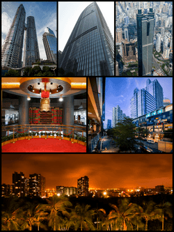 Clockwise from top left: East Pacific Center, KK100, Shun Hing Square, Coastal City, Shenzhen Bay at night, and Shenzhen Stock Exchange