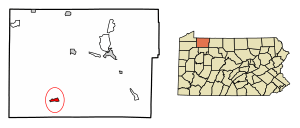 Location of Tidioute in Warren County, Pennsylvania.
