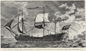 "HMS Grafton, fitted with a jury rudder, etc, for her voyage to England, after the storm off Louisbourg, 1757."