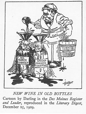 1909 editorial cartoon mocking William Howard Taft, Nelson W. Aldrich, and Joseph Gurney Cannon (Des Moines Register and Leader)