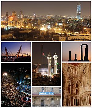 Amman city, from right to left and from above to below: Abdali Project dominating Amman's skyline, Temple of Hercules on Amman Citadel, King Abdullah I Mosque and Raghadan Flagpole, Abdoun Bridge, Umayyad Palace, Ottoman Hejaz Railway station and Roman Theatre.