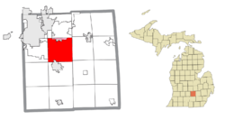 Location within Ingham County (red) with an administered portion of the Okemos CDP (pink)