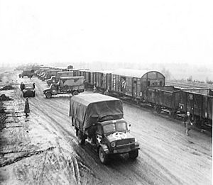 Ammunition train being unloaded at Second Army Roadhead