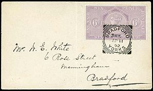 British 6d postal fiscal cover 1892 Bradford