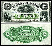 1877 $2 Bank of Prince Edward Island banknote, the first bank established in Charlottetown.