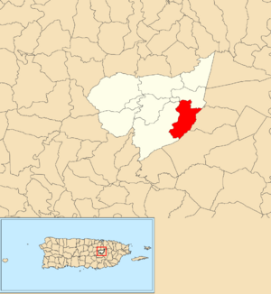 Location of Cagüitas within the municipality of Aguas Buenas shown in red