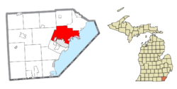 Location within Monroe County and the administered communities of Detroit Beach (1), Stony Point (2), and Woodland Beach (3)