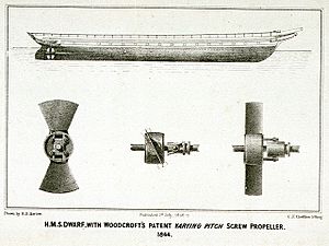 H.M.S Dwarf with Woodcroft's Patent Varying Pitch Screw Propeller 1844. Diagrammatic view of hull RMG PU6183