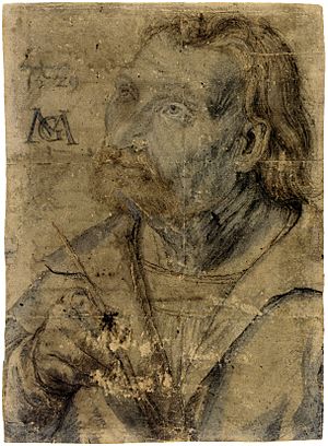 Matthias Gruenewald-Zeichnungen-Brustbild eines aufwaerts blickenden Mannes mit Federkiel