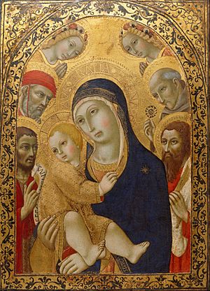 Sano di Pietro - Madonna and Child with Saints Jerome, John the Baptist, Bernardino and Bartholomew - Google Art Project
