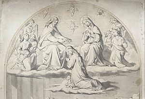 St. Agnes goes to heaven with her lamb and gets a crown from Jesus and Mary by Johann Overbeck
