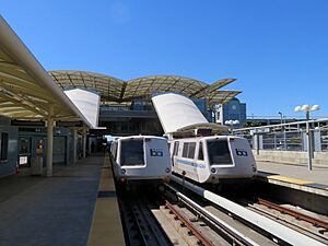 Two BART trains at Millbrae station, June 2018