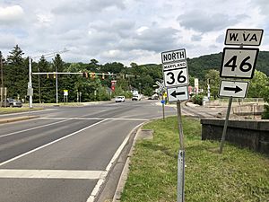 2019-05-17 16 05 54 View east along Maryland State Route 135 (Church Street-Front Street) at Maryland State Route 36 (New Georges Creek Road) in Westernport, Allegany County, Maryland