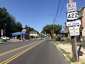 2022-08-24 10 24 11 View west along U.S. Route 422 Business (Perkiomen Avenue) just west of Pennsylvania State Route 562 (Saint Lawrence Avenue) in Mount Penn, Berks County, Pennsylvania