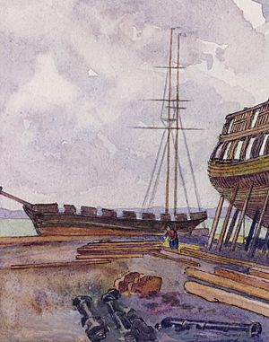 A watercolour of the construction of HMS Duke of Gloucester (1807) (cropped)