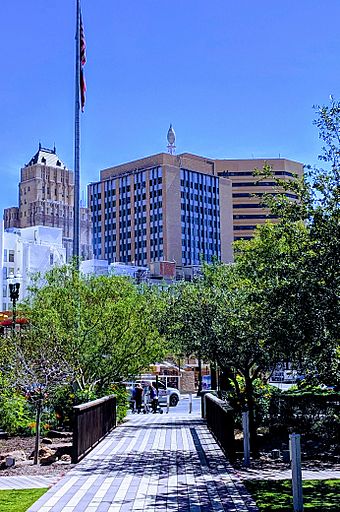 Blue Flame Building in El Paso as seen from La Placita in 2019.