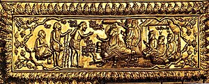 Gilded panel (repoussé plaque) from Takht Hazur Sahib, Nanded. Madho Das (popularly known as Banda Singh Bahadur) declares he is Guru Gobind Singh’s ‘Banda’ slave