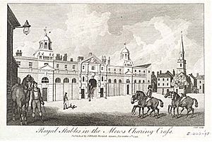 Royal Stables in the Mews, Charing Cross. Etching by Cook, 1793