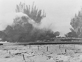 The Destruction of Heligoland Defenses. April 1947, Still Taken From An Admiralty Documentary Film Processed For Scientific Purposes. the Camera Was Set Up on the Island of Dune, Half a Mile Away From Heligolan A31319.jpg