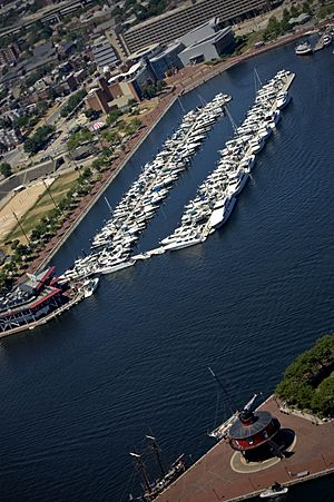 Aerial View of Baltimore Marine Center Inner Harbor and Lighthouse