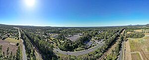 Aerial panorama of the Australia Zoo along Steve Irwin Way. 2023