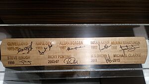 Autographed bat of ODI World Cup winning captains at Blades of Glory Cricket Museum, Pune