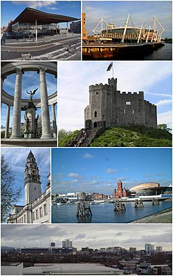 Clockwise from top left: The Senedd building, Principality Stadium, Cardiff Castle, Cardiff Bay, Cardiff City Centre, City Hall clock tower, Welsh National War Memorial