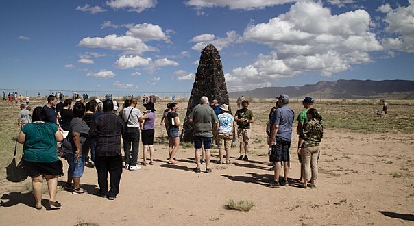 Crowds gathering around the Ground Zero Obelisk at Trinity Site