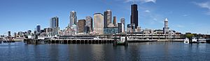 Downtown Seattle skyline and Colman Dock from water taxi (19035868880)