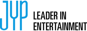 An image of JYP Entertainment's logo. The text "JYP" is displayed in blue color, and the text "Leader in Entertainment" in black.