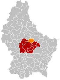 Map of Luxembourg with Nommern highlighted in orange, and the canton in dark red