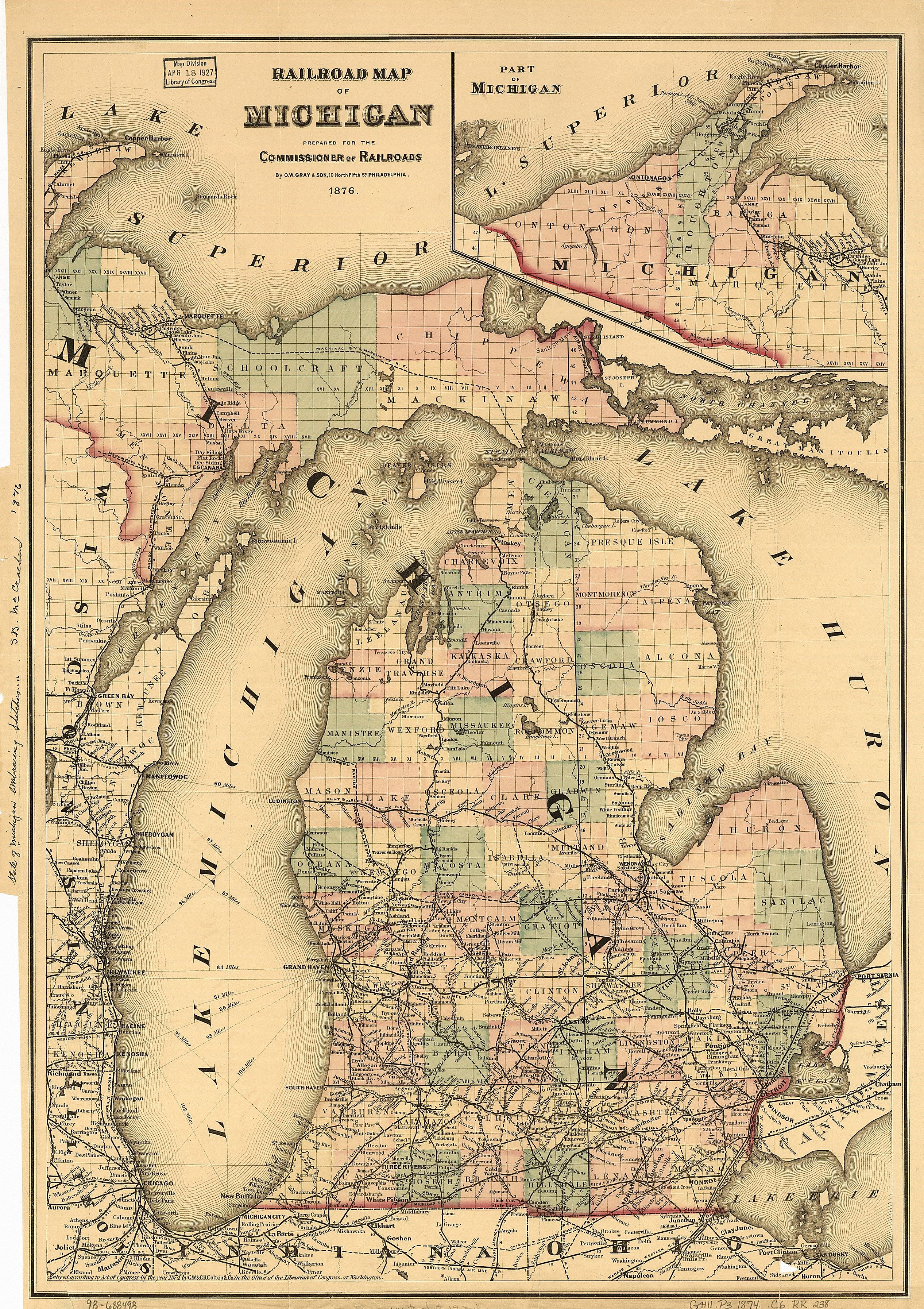 On this 1876 map, Duncan City is shown as a separate city east of Cheboygan in Cheboygan County.