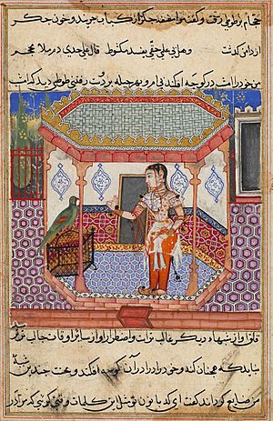 Parrot addressing Khojasta in Tutinama commisioned by Akbar, c1556-1565.jpg