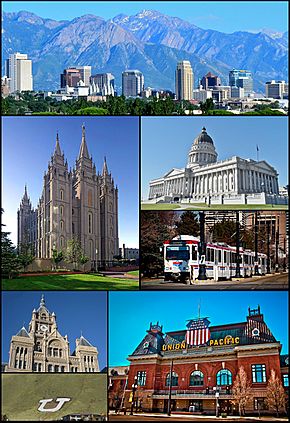 Clockwise from top: The skyline in July 2011, Utah State Capitol, TRAX, Union Pacific Depot, the Block U, the City-County Building, and the Salt Lake Temple