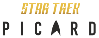 Over a white background the words "Star Trek" are written in yellow letters above the word "Picard" in black, with the 'A' in "Picard" replaced by the Starfleet logo.