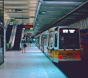 Train of Boeing LRVs waiting to depart Muni Metro's Embarcadero station in 1993