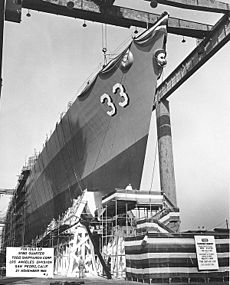 USS Fox (DLG-33) ready for launching, 21 November 1964