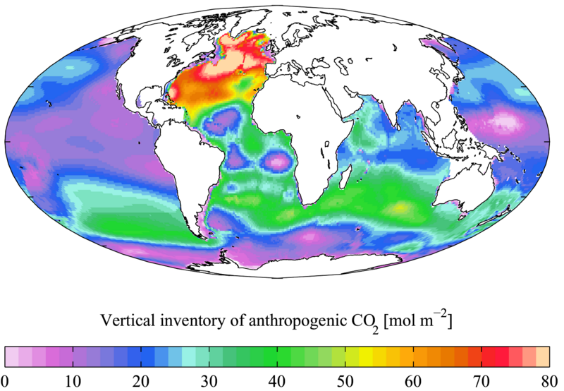 Vertically integrated anthropogenic dissolved inorganic carbon 1990s (GLODAP)