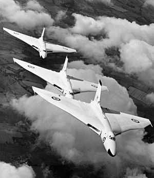 Vulcan bombers from RAF Waddington flying in formation in 1957